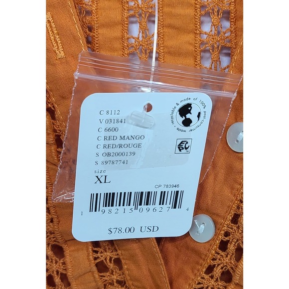 Free People Orange Crochet Lace V Neck Button Front Sleeveless Tunic Top XL NWT - Picture 9 of 11